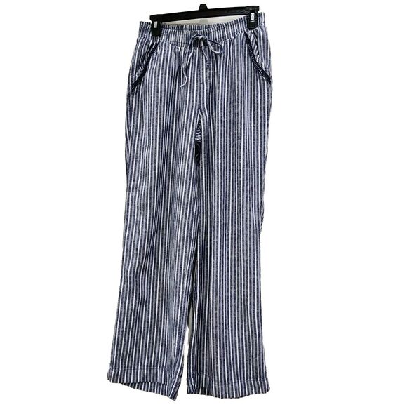 Briggs Womens Striped Pants Linen Blend‎ Elastic Waist Baggy Pull On Wide Leg  M - Picture 1 of 13